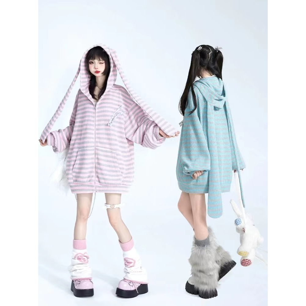Áo khoác len cardigan mũ thỏ tai dài sọc ngang nhỏ có hoodie mũ khóa kéo len dày dặn oversize ngọt ngào