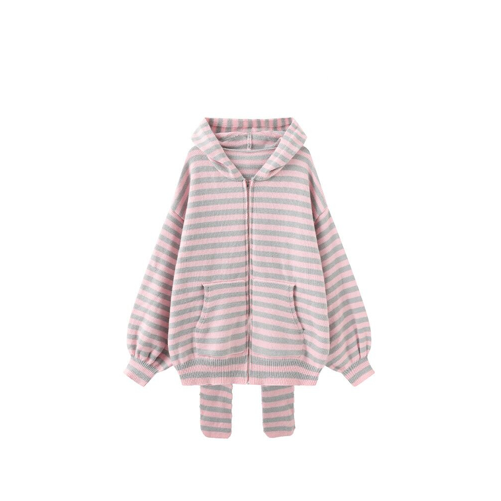 Áo khoác len cardigan mũ thỏ tai dài sọc ngang nhỏ có hoodie mũ khóa kéo len dày dặn oversize ngọt ngào