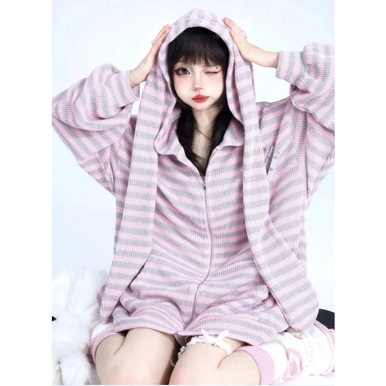 Áo khoác len cardigan mũ thỏ tai dài sọc ngang nhỏ có hoodie mũ khóa kéo len dày dặn oversize ngọt ngào