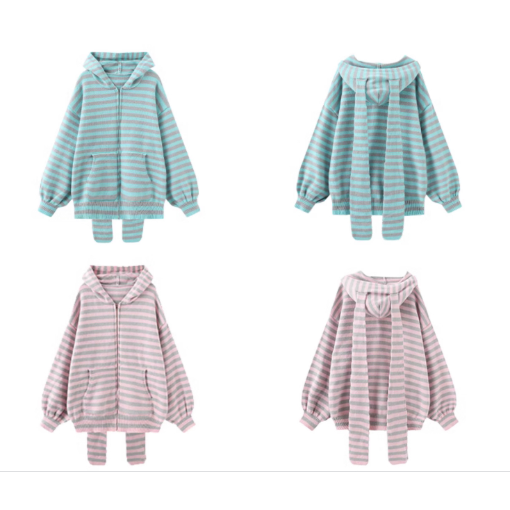 Áo khoác len cardigan mũ thỏ tai dài sọc ngang nhỏ có hoodie mũ khóa kéo len dày dặn oversize ngọt ngào