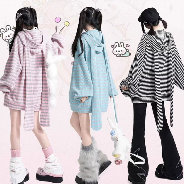 Áo khoác len cardigan mũ thỏ tai dài sọc ngang nhỏ có hoodie mũ khóa kéo len dày dặn oversize ngọt ngào