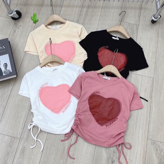 Áo thun nữ tay ngắn raglan màu trắng mix tim hồng, trái tim hồng dễ thương dây rút PC
