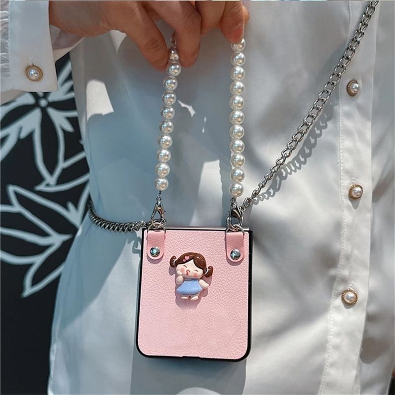 Ốp Z Flip5 - Z Flip4 - Z Flip3 - Flip5 5G chất da màu hồng baby charm em bé cute kèm dây ngọc dễ thương