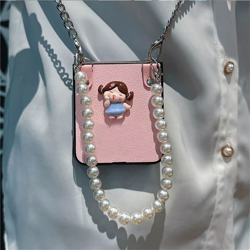 Ốp Z Flip5 - Z Flip4 - Z Flip3 - Flip5 5G chất da màu hồng baby charm em bé cute kèm dây ngọc dễ thương