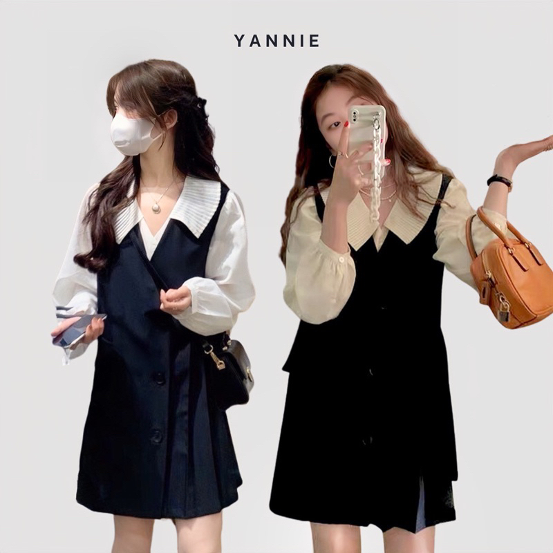 (Sẵn yếm) Set áo sơ mi cổ cách điệu + váy yếm đen đuôi cá xếp ly dáng chữ A tiểu thư thanh lịch dễ thương Yannie