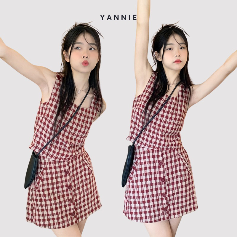 Set áo sát nách cổ vuông + chân váy chữ A kẻ đỏ dễ thương ulzzang Hàn Quốc Yannie