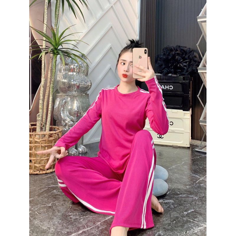 SET BỘ THUN TĂM LẠNH QUẦN DÀI TAY DÀI MÀU HỒNG QUẦN ỐNG SUÔNG RỘNG ( FREESIZE DƯỚI 65