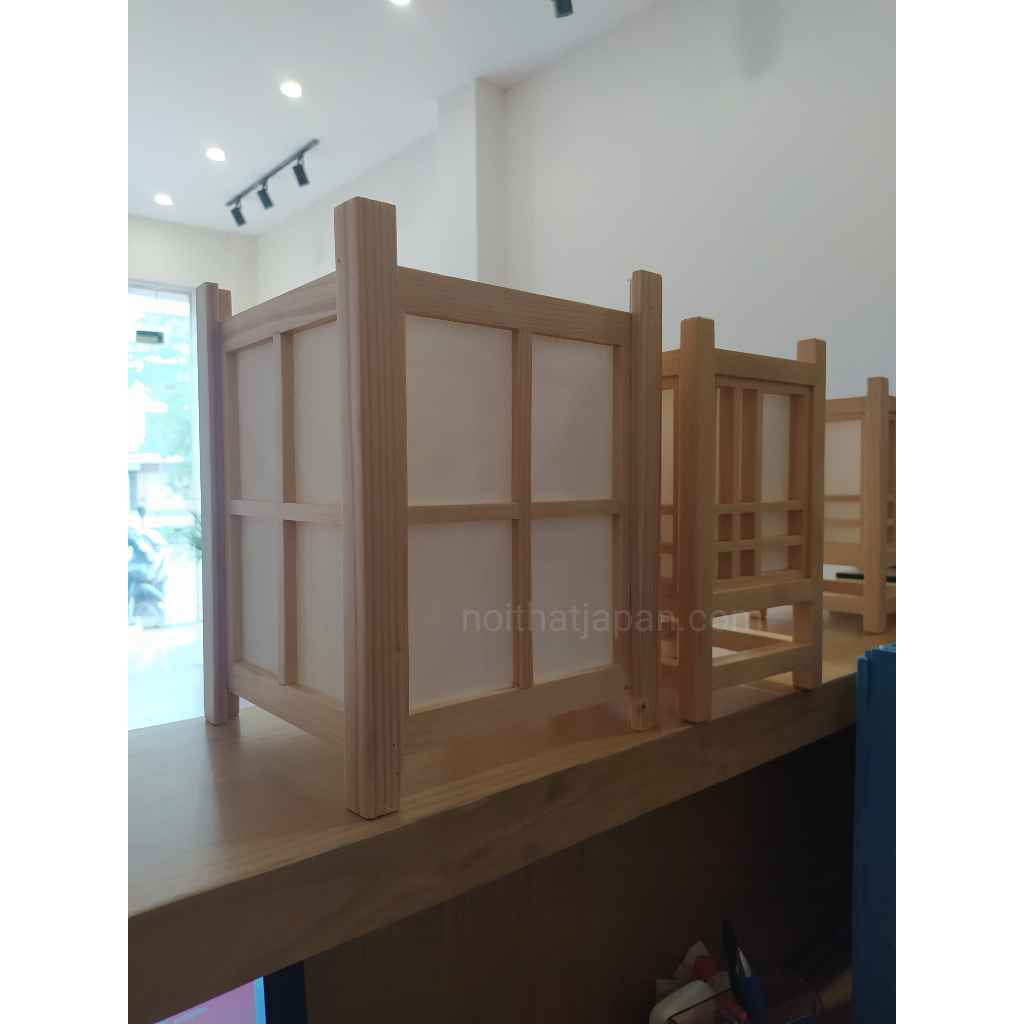 Đèn shoji thả trần, đèn gỗ trang trí phòng trà, phòng thiền, gỗ thông, Shoji Nhật, kt 18 x18 x24cm, gồm dây, đui E27