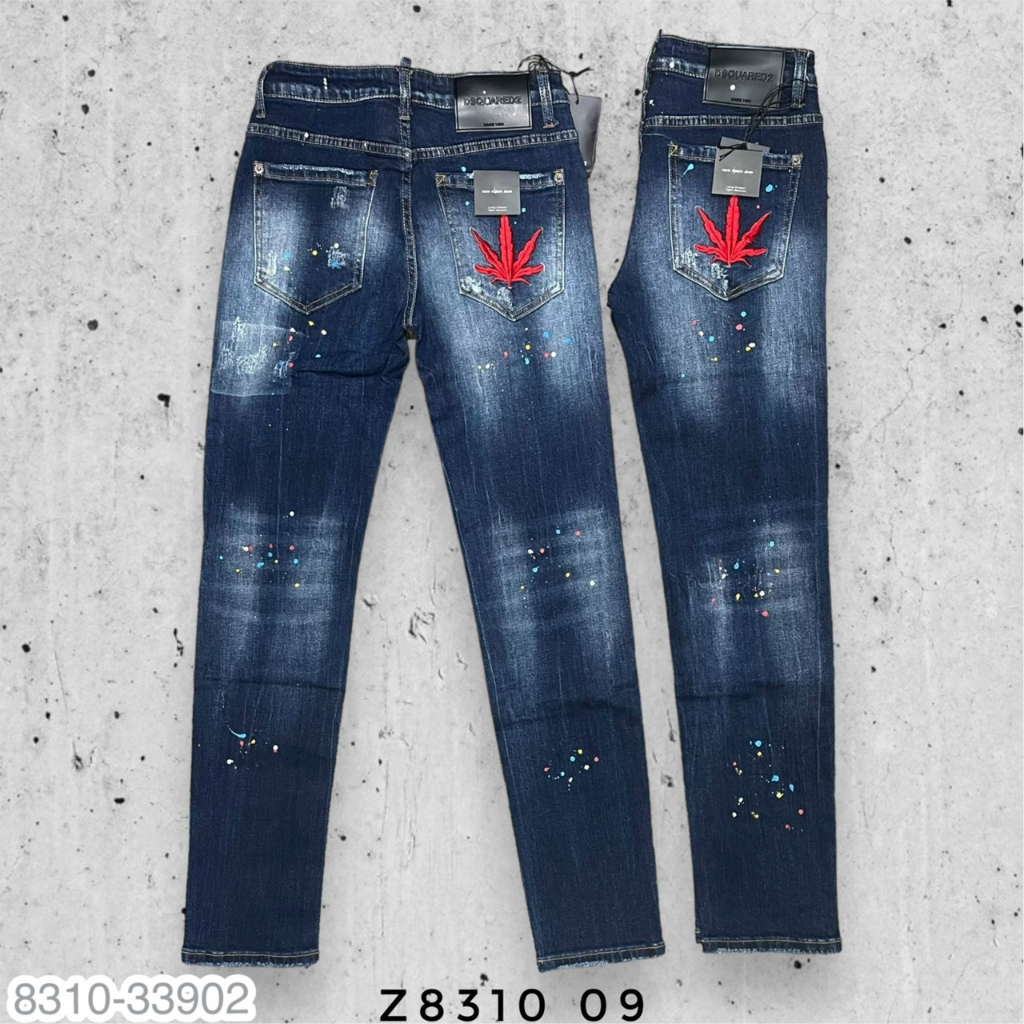 Quần Jeans Biker DSQ Phối Logo Lá Phong Đỏ Loang Màu Hàng Đẹp - Quần Jeans Bò Nam Dày Dặn Hot 2023