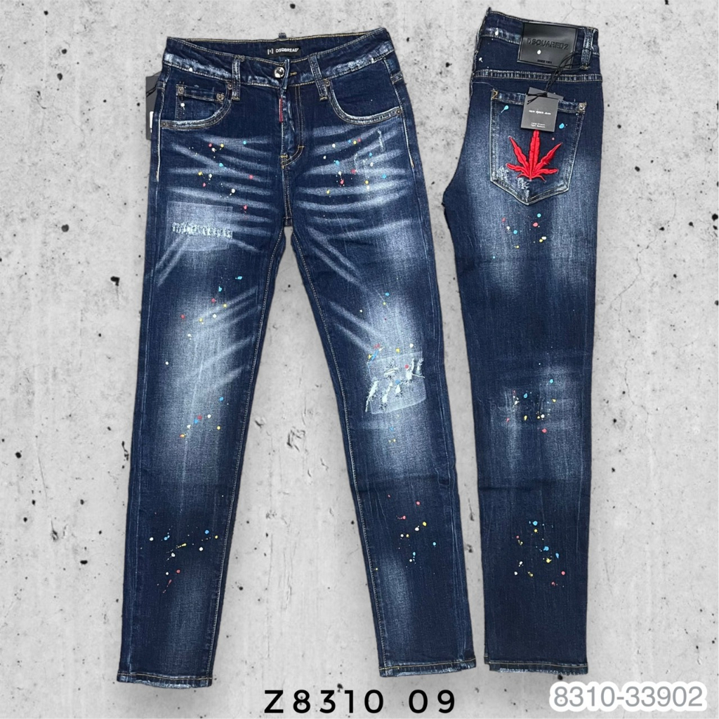 Quần Jeans Biker DSQ Phối Logo Lá Phong Đỏ Loang Màu Hàng Đẹp - Quần Jeans Bò Nam Dày Dặn Hot 2023
