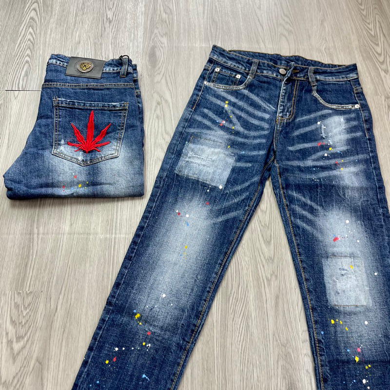 Quần Jeans Biker DSQ Phối Logo Lá Phong Đỏ Loang Màu Hàng Đẹp - Quần Jeans Bò Nam Dày Dặn Hot 2023