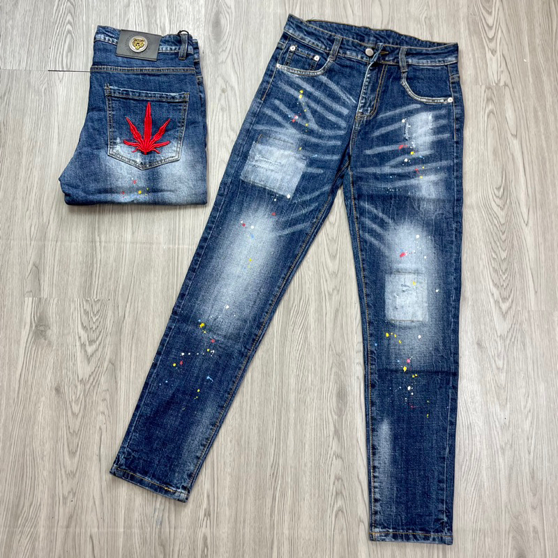 Quần Jeans Biker DSQ Phối Logo Lá Phong Đỏ Loang Màu Hàng Đẹp - Quần Jeans Bò Nam Dày Dặn Hot 2023