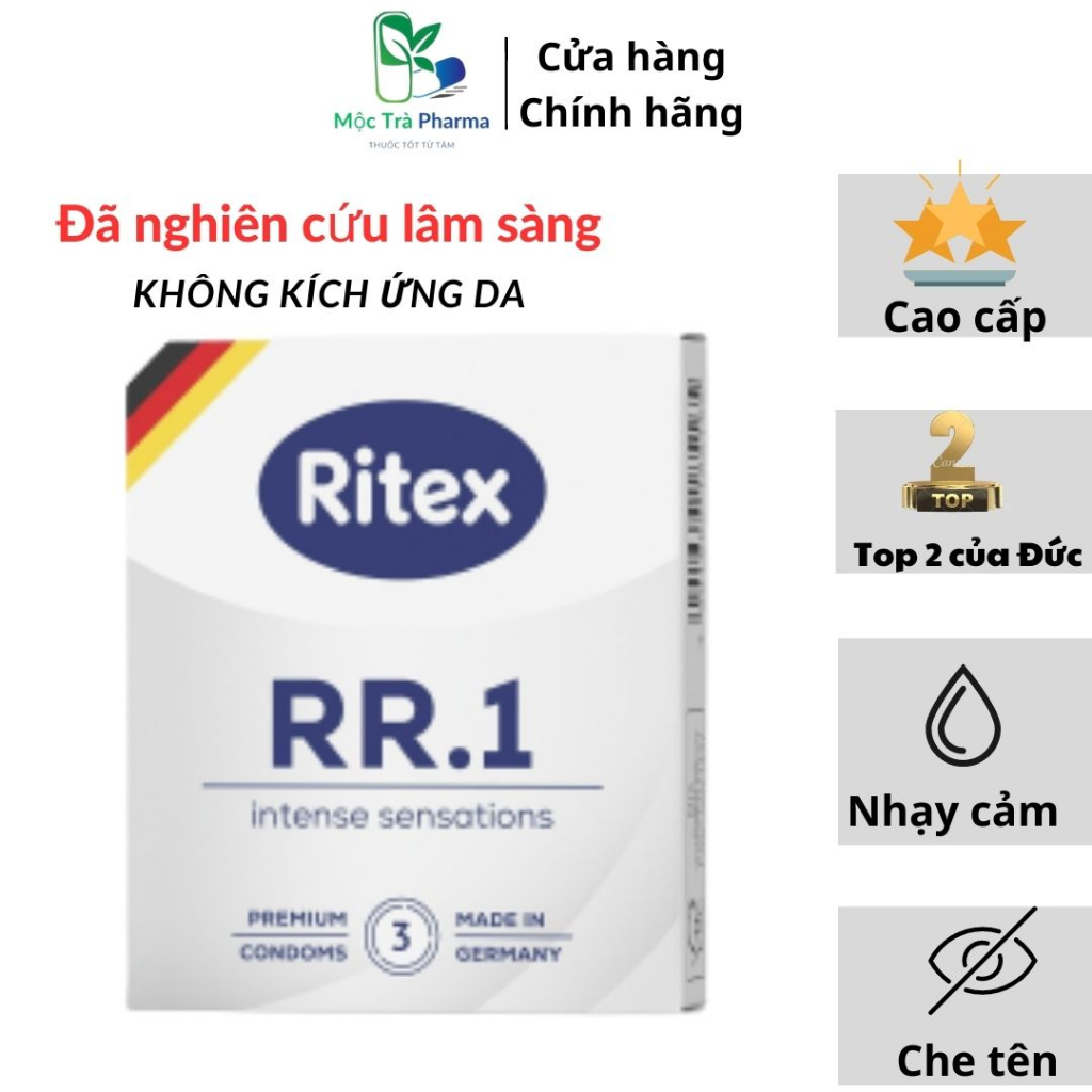 Bao cao su Ritex RR.1 - Cảm xúc mãnh liệt, bao cao su trơn mỏng, size 52.5mm, 3 bao/hộp