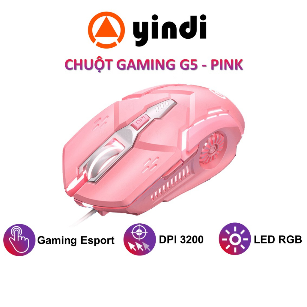 Chuột máy tính màu hồng gaming YINDIAO G5 có dây 3200DPI với 6 nút bấm và 7 chế độ LED RGB chuyên game FPS - Chính hãng