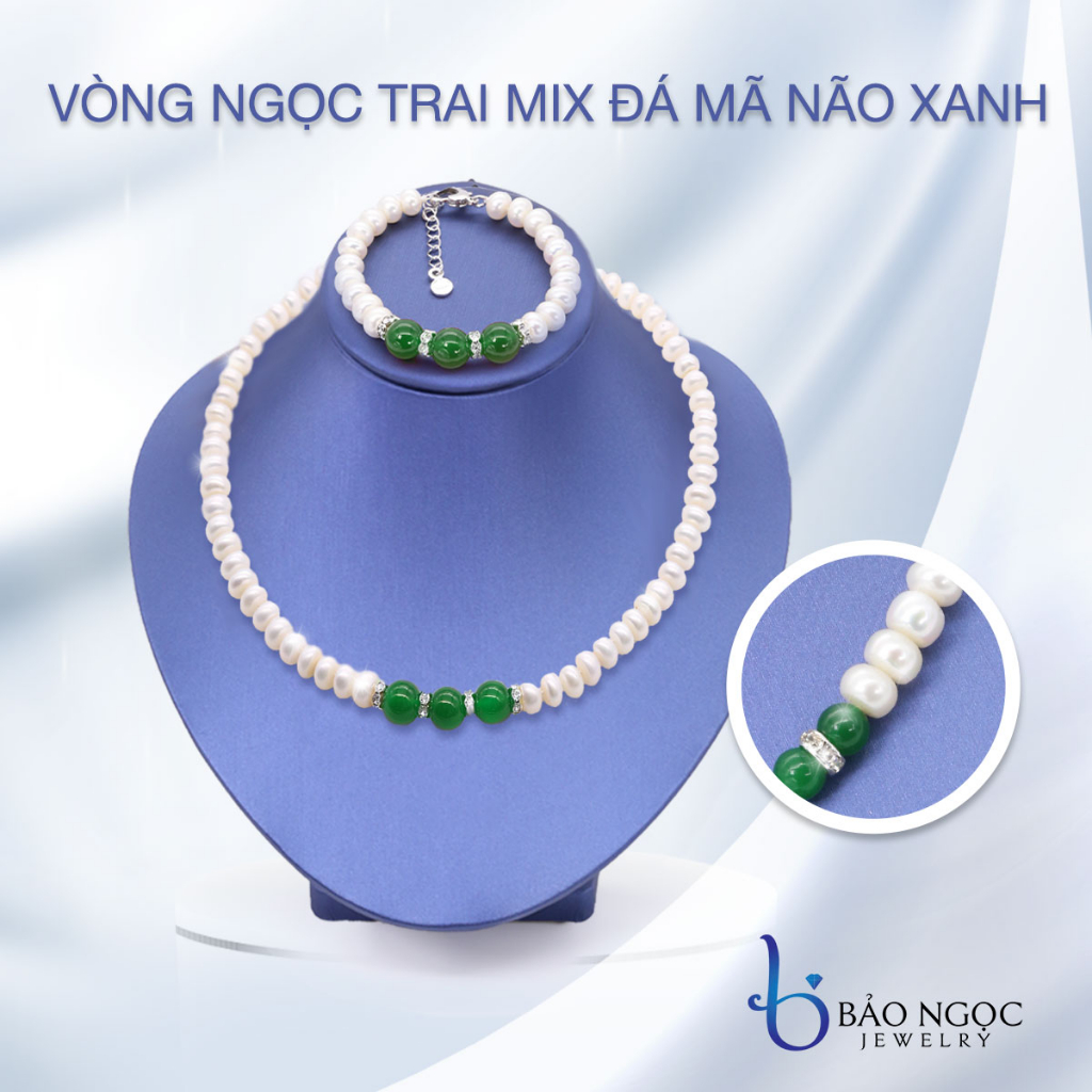 Bộ chuỗi ngọc trai lắc tay ngọc trai nuôi nước ngọt mix đá mã não xanh sang trọng DB0810 - Bảo Ngọc Jewelry