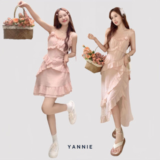 Váy đầm maxi hai dây dáng dài phối bèo, đầm chữ A dáng ngắn hồng tiểu thư thanh lịch mùa hè đi biển Yannie