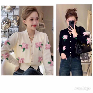 Áo len nữ dệt kim tay dài thêu hoa nổi cao cấp - Áo len nữ cổ v