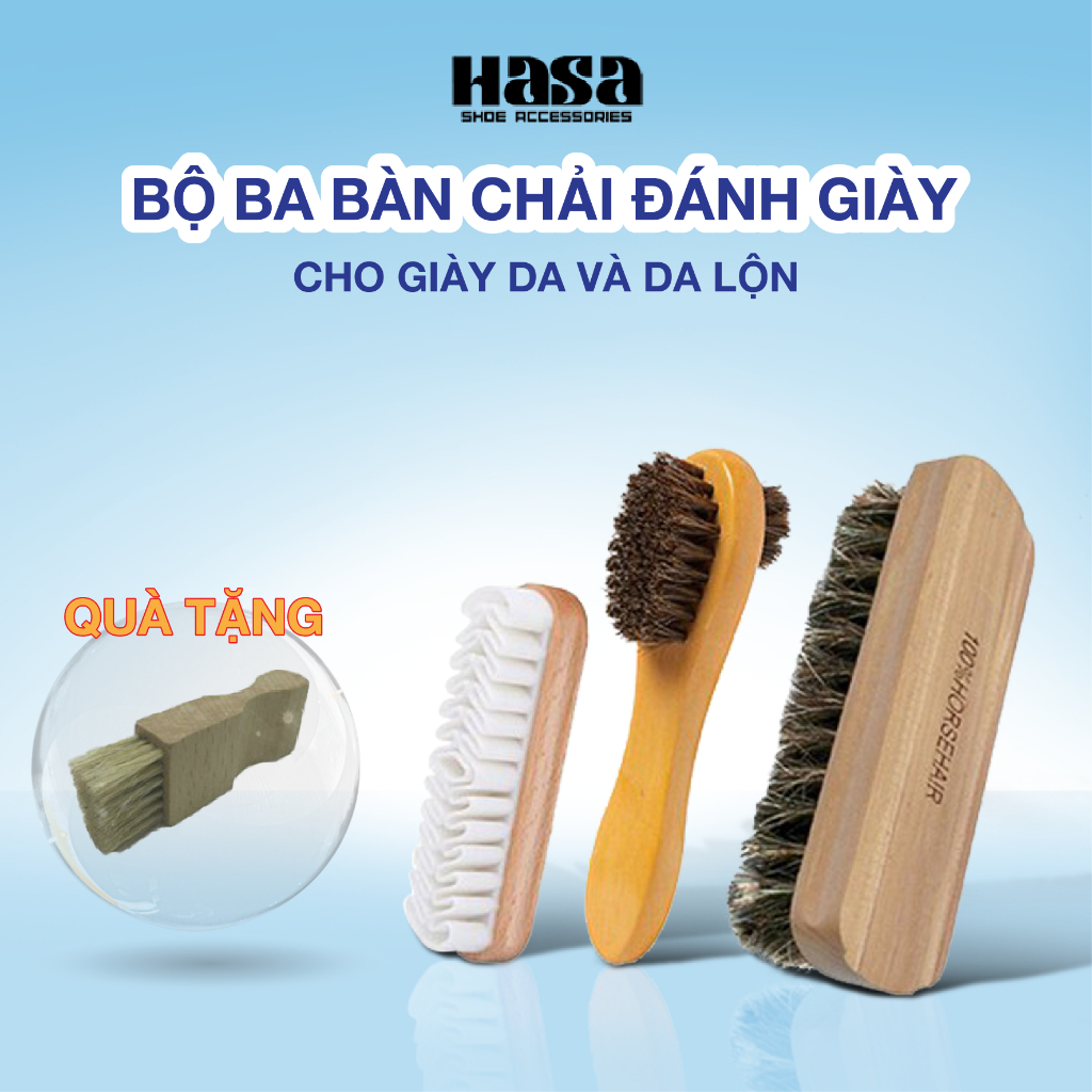 Bộ 3 bàn chải đánh giày lông ngựa cho giày da và da lộn chất lượng HASA chính hãng
