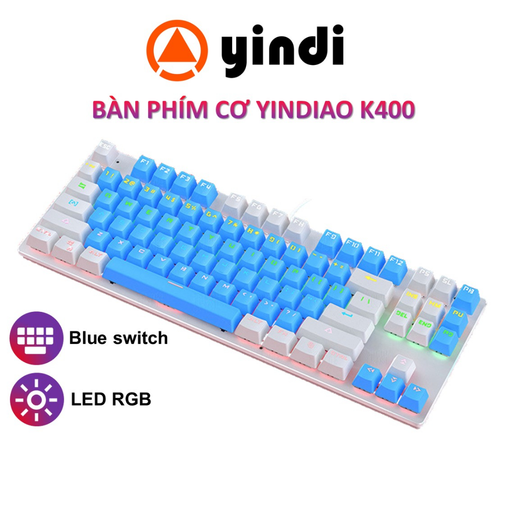 Bàn phím cơ gaming YINDIAO K400 blue switch thiết kế TKL 87 phím có LED RGB chuyên chơi game Moba FPS - Chính hãng