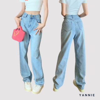 Quần bò jeans nữ xanh ống suông cạp cao tôn dáng washed jeans mài Yannie