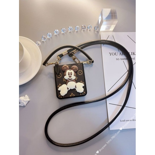 Ốp da Samsung Z Flip 5 hoạ tiết monogram và mickey có đai da và dây xách da ZFlip5/ ZFlip 5