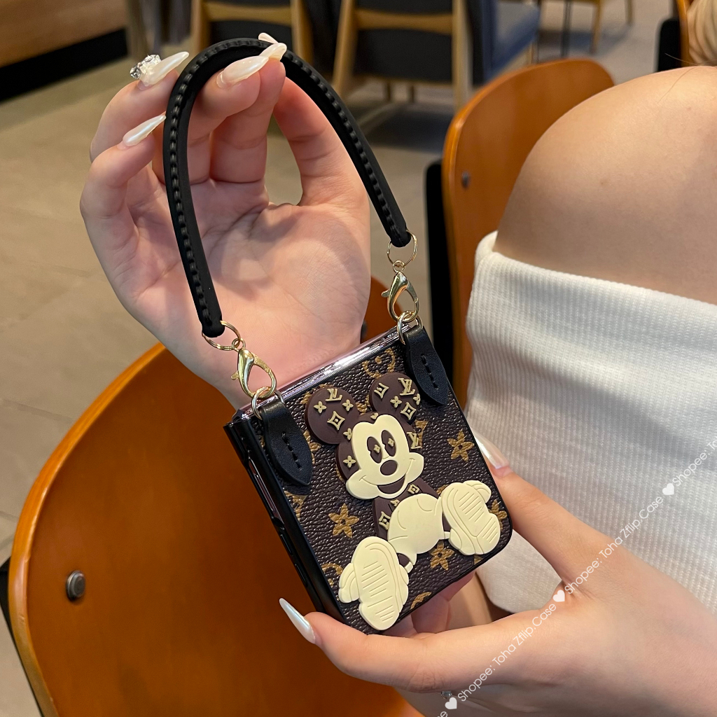 Ốp da Samsung Z Flip 5 hoạ tiết monogram và mickey có đai da và dây xách da ZFlip5/ ZFlip 5