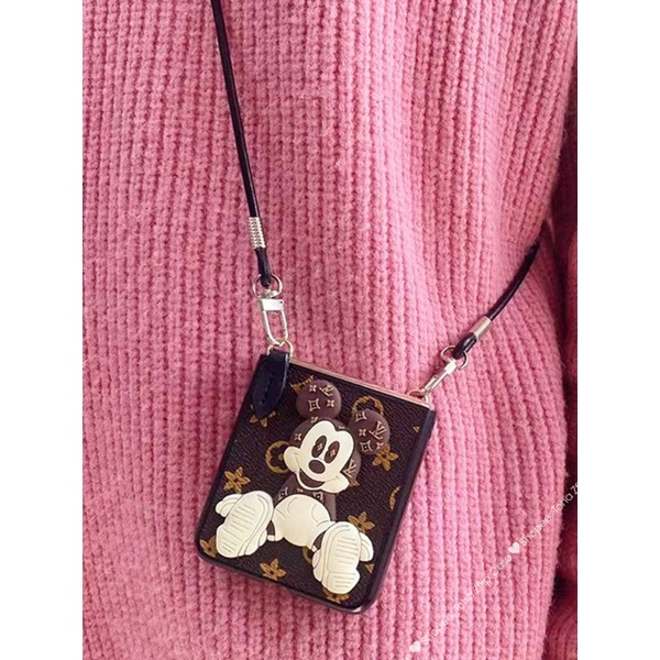 Ốp da Samsung Z Flip 5 hoạ tiết monogram và mickey có đai da và dây xách da ZFlip5/ ZFlip 5
