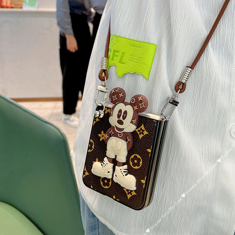 Ốp da Samsung Z Flip 5 hoạ tiết monogram và mickey có đai da và dây xách da ZFlip5/ ZFlip 5