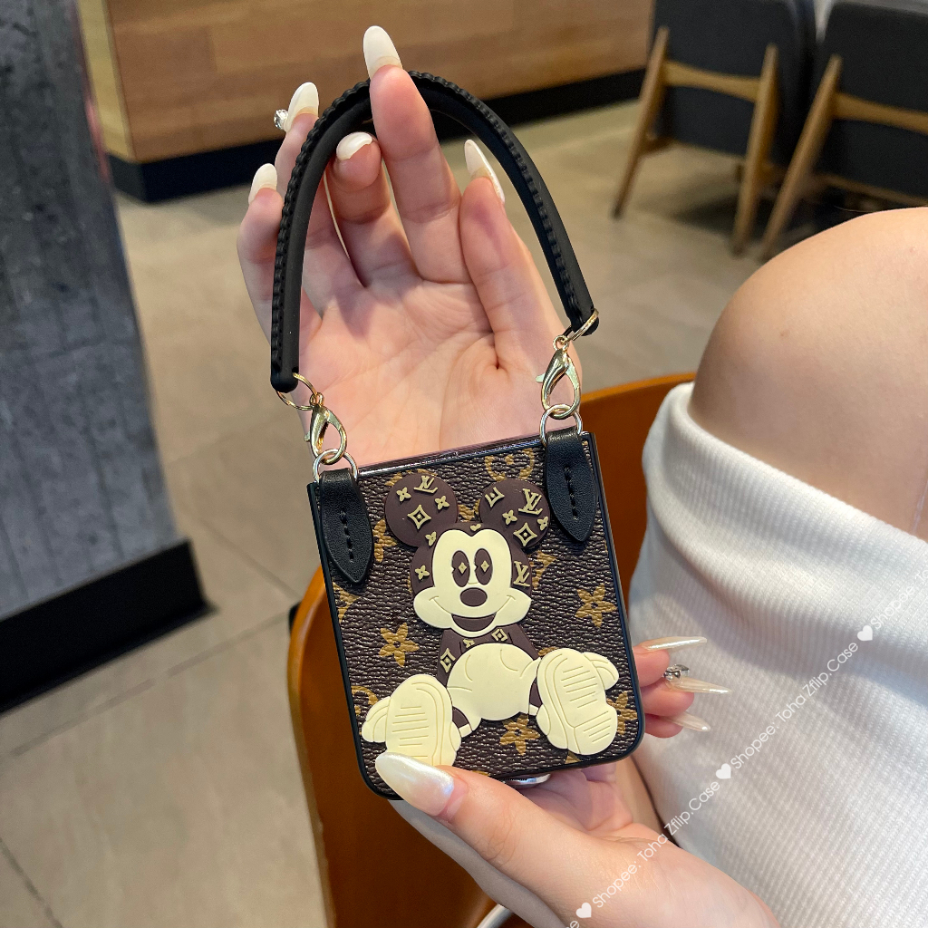 Ốp da Samsung Z Flip 5 hoạ tiết monogram và mickey có đai da và dây xách da ZFlip5/ ZFlip 5
