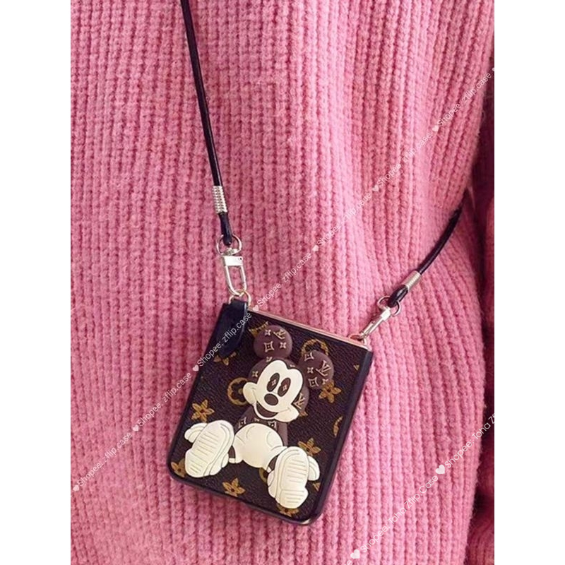Ốp da Samsung Z Flip 5 hoạ tiết monogram và mickey có đai da và dây xách da ZFlip5/ ZFlip 5