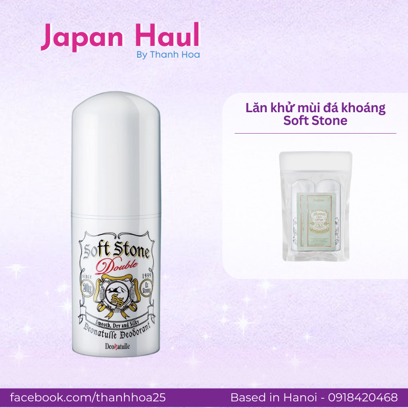 Lăn nách đá khoáng Soft Stone Nhật Bản khử mùi giảm mồ hôi dưới cánh tay Deonatulle 20g (TÁCH SET)