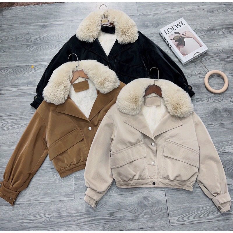 Áo Khoác da, áo da nhung lót lông Hàng Quảng Châu, cổ lông tháo rời