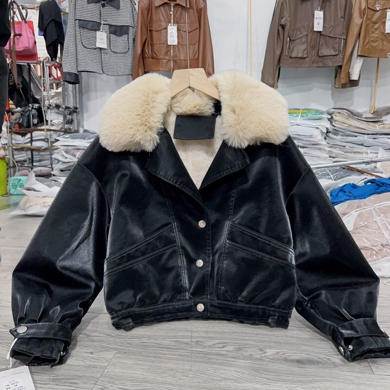 Áo Khoác da, áo da nhung lót lông Hàng Quảng Châu, cổ lông tháo rời