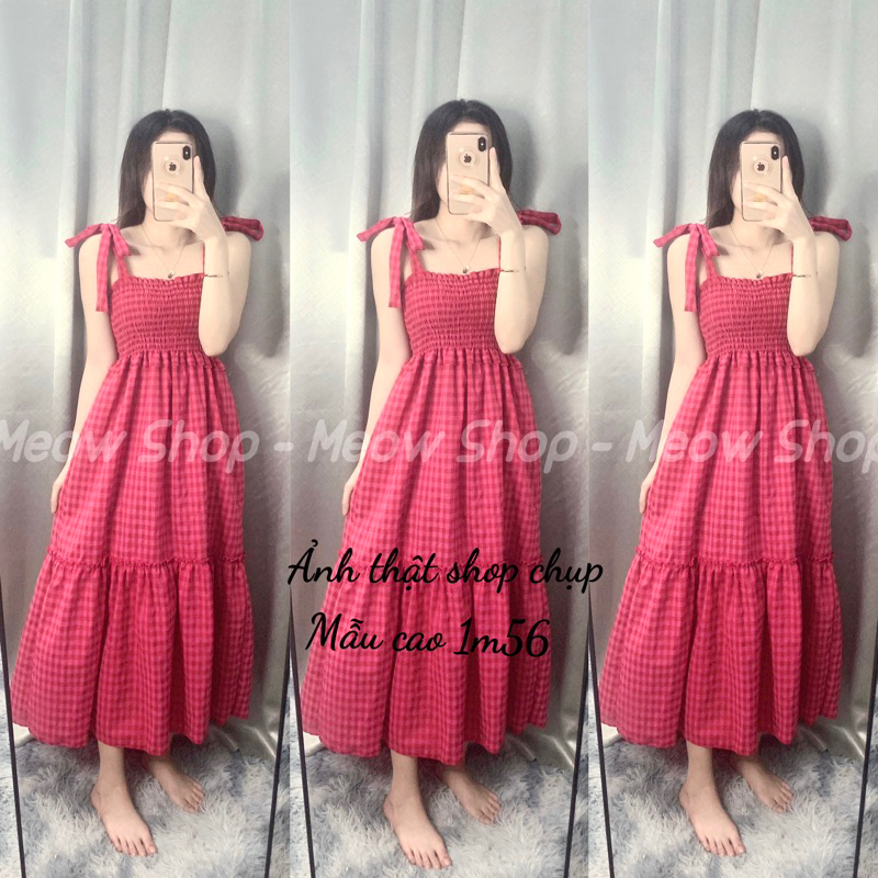 Đầm Maxi Kẻ Sọc Caro 2 Dây Cột Nơ Dáng Rộng kèm ảnh thật