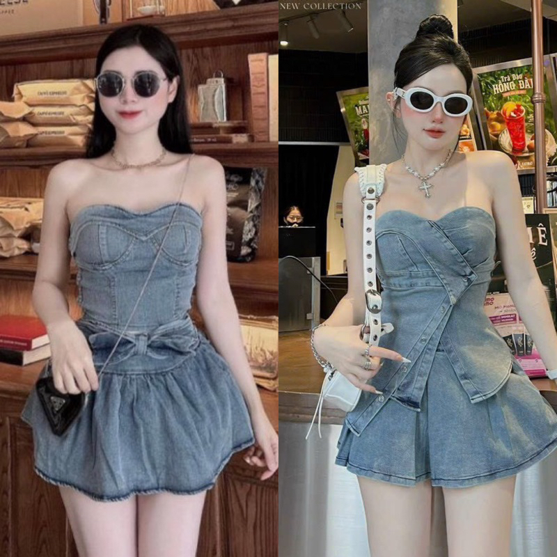 SET BỘ ÁO QUÂY JEAN DENIM CÚP NGỰC CHẤT BÒ MỀM + QUẦN SHORT TAPTA