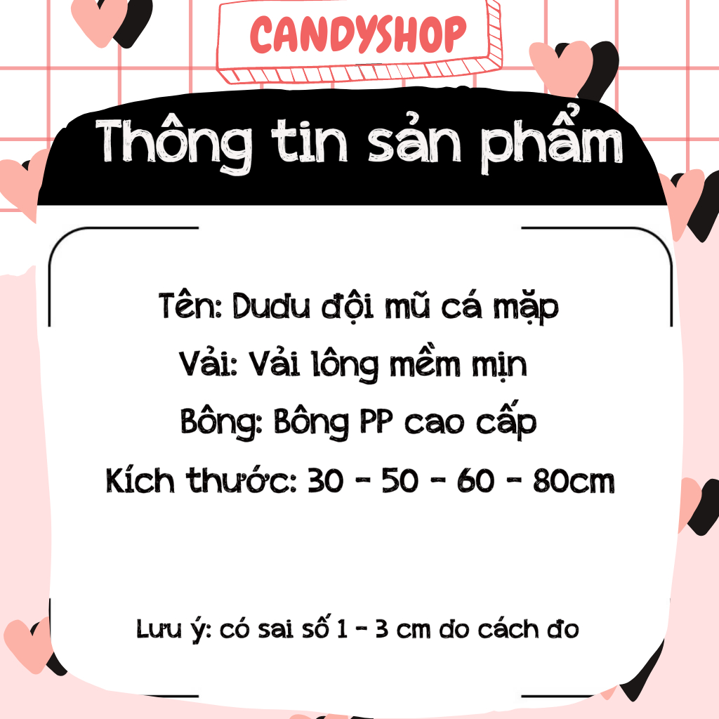 Thú nhồi bông DUDU đội mũ cá mập má hồng má phính, có thể tháo rời mũ, gấu bông size to  CANDYSHOP