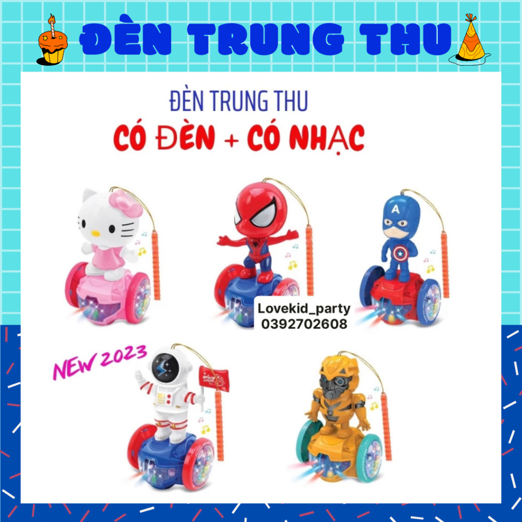 Đèn lồng trung thu cho bé 2023 Hello kitty, doremon, siêu nhân, anh hùng, người nhện, công chúa có tay cầm, có nhạc, đèn
