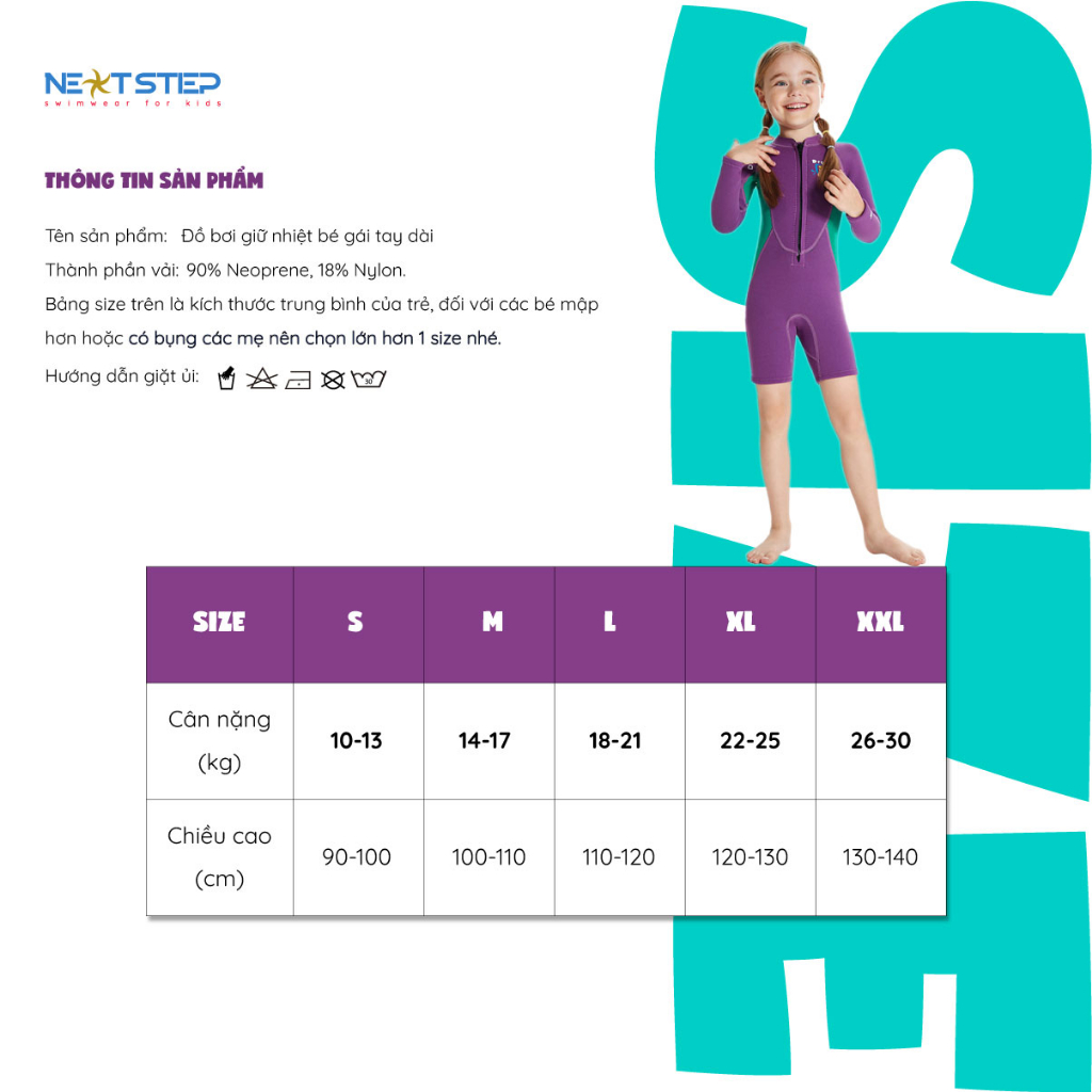 Đồ bơi giữ nhiệt DIVE and SAIL cho bé gái tay dài chống nắng UPF50+ chống thấm nước, cao su Neoprene dày 2.5mm