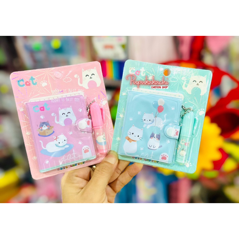 Sổ Mini Khổ A7 Có Nút Bấm Kèm Bút Mẫu Gấu Dâu, Khủng Long, Mèo, Bé Gái Cute