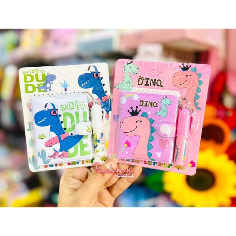 Sổ Mini Khổ A7 Có Nút Bấm Kèm Bút Mẫu Gấu Dâu, Khủng Long, Mèo, Bé Gái Cute