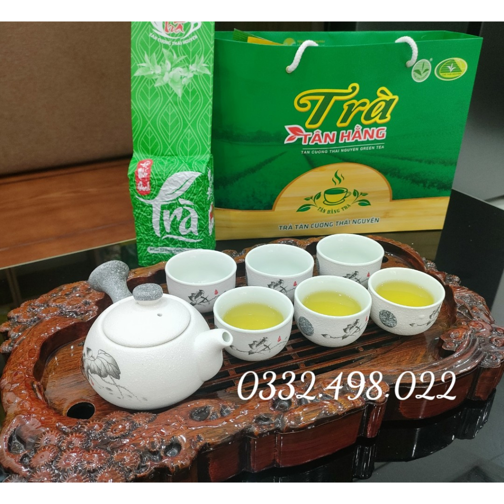 Bộ Ấm Pha Trà Cao Cấp hoạ tiết Hoa Sen -Trà Tân Hằng, Trà Thái Nguyên (Đủ bộ: hộp đựng, 1 ấm trà, 6 chén)