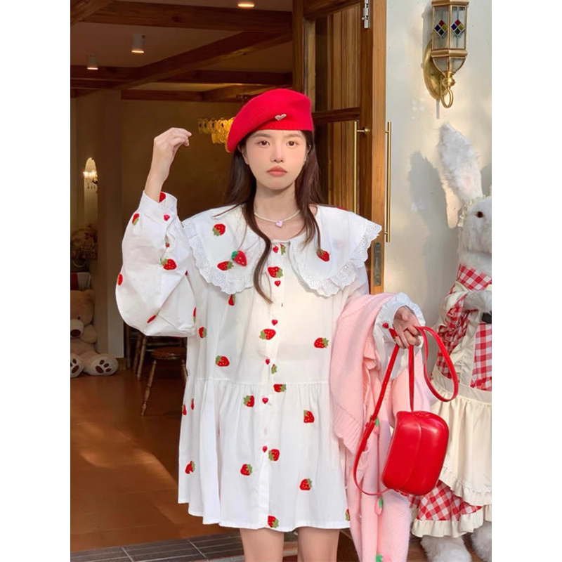 Váy Babydoll Trắng Dâu Tây