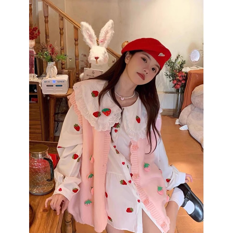 Váy Babydoll Trắng Dâu Tây