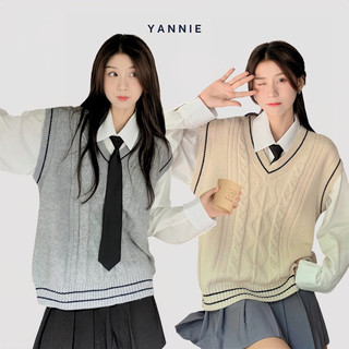Set áo gile len viền sọc đen + áo sơ mi trắng công sở học sinh ulzzang Hàn Quốc Yannie
