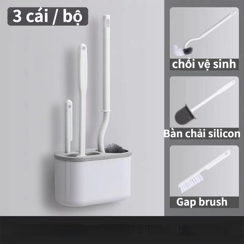 Bộ 3 Cọ bồn cầu nhà tắm có đế đựng dán tường, Bàn Chải Vệ Sinh Toilet Cán Dài 360 Tiện Dụng