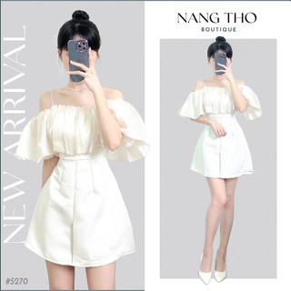 Đầm váy rớt vai bèo phối voan be 5218