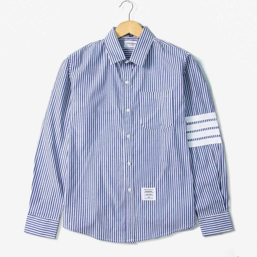 Áo Sơ Mi Thom Kẻ Sọc Xanh - xám Dài Tay  Nam Nữ 3 sọc tay Vải Cotton Lụa Cao Cấp Phong Cách Sang Trọng Mẫu Hotrend