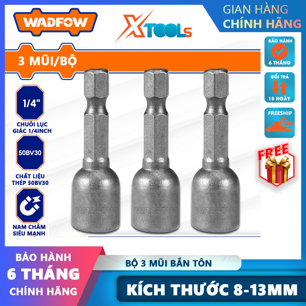 Bộ 3 mũi bắn tôn Wadfow 8-10-12-13mm Chui lục giác 1/4inch Chiều dài: 48mm Chất liệu: 40Cr