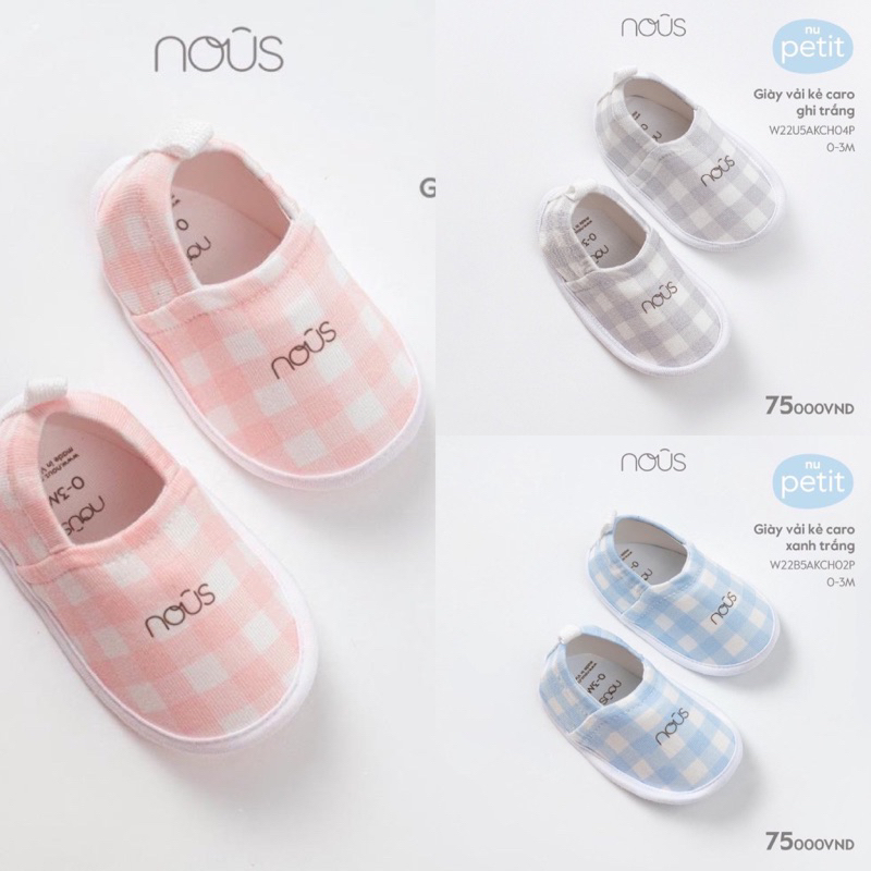 (Nhùn nhùn)Nous - Giày vải Nous Petit kẻ caro cho bé trai,bé gái 0 đến 6 tháng ( Ghi, Hồng, Xanh )