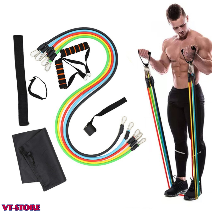 Bộ dây tập gym ngũ sắc VIET MART bộ tập chuyên nghiệp đàn hồi cao cấp 11 món, đàn hồi tập thể hình, tập kháng lực